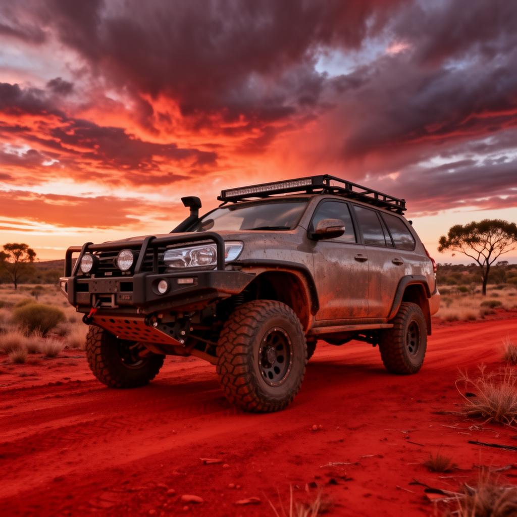 Modified 4x4 vehicle with bull bar and lift kit in Australian outback