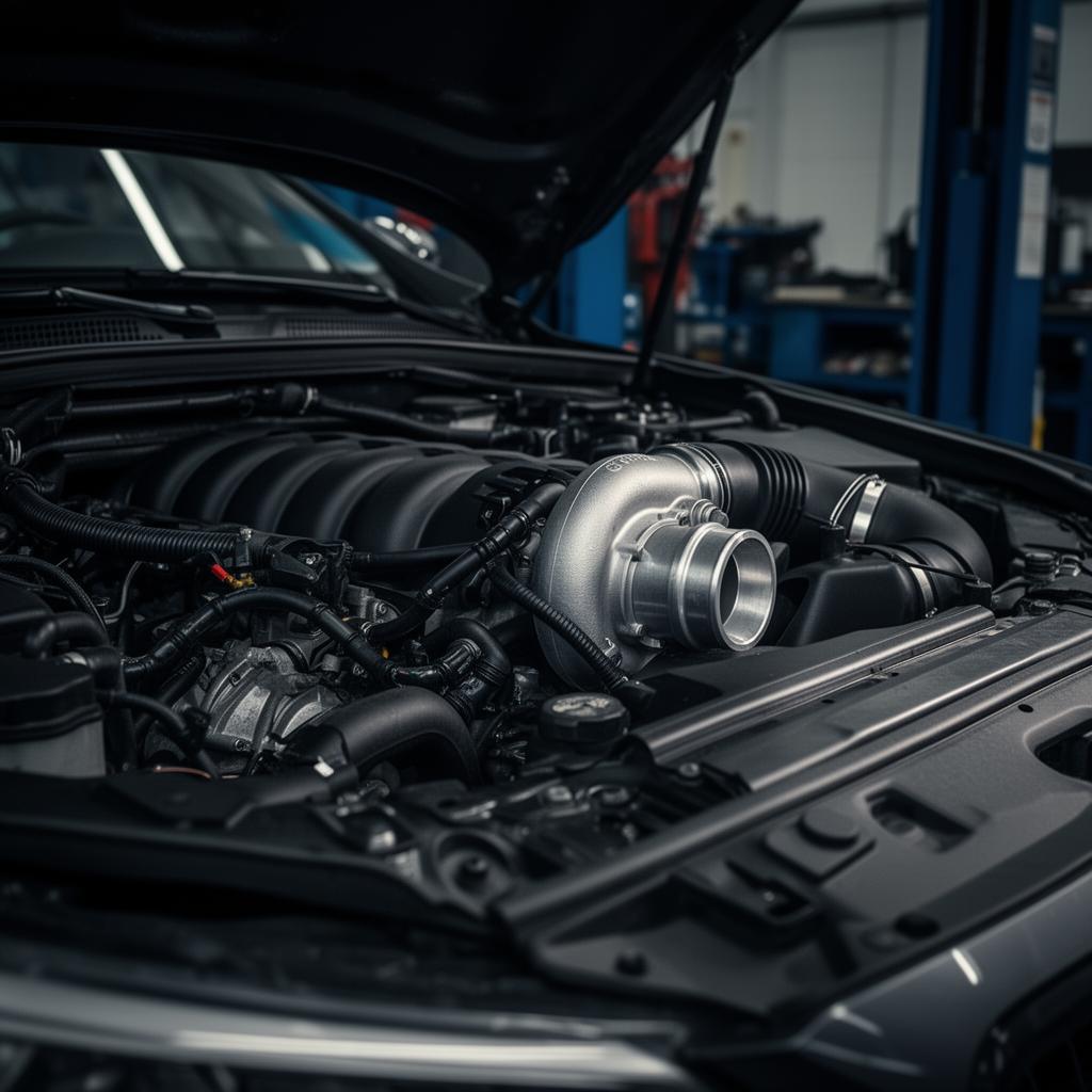 Close-up of a high-performance vehicle engine with turbocharger