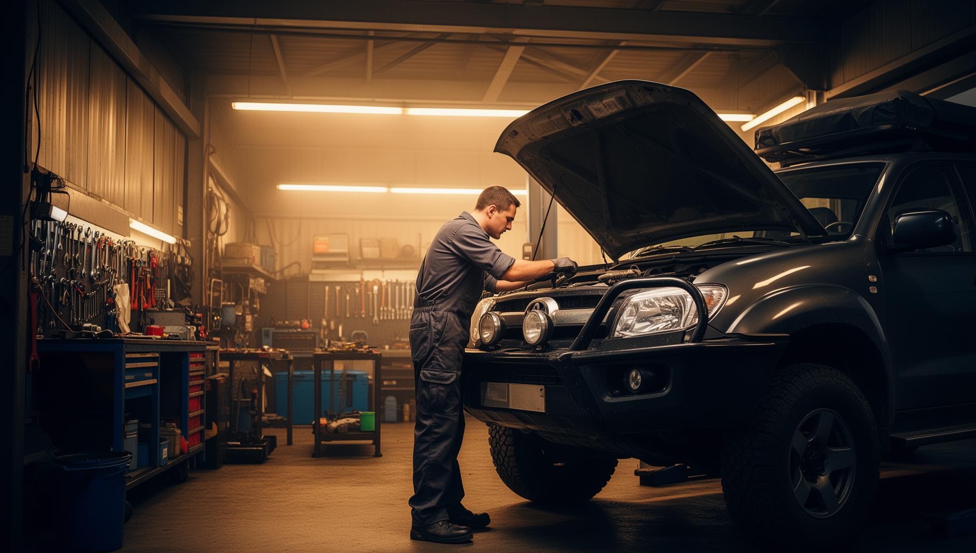 Professional mechanic working on a 4x4 vehicle in a well-equipped workshop — mod plates sunshine coast