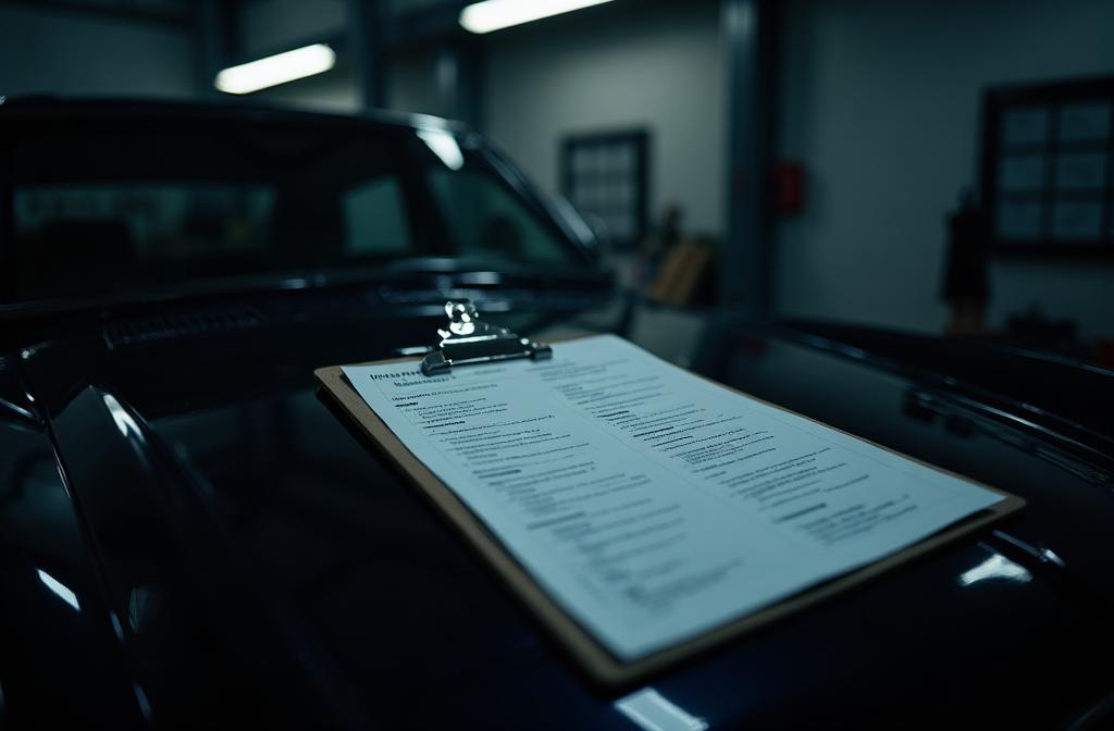 Vehicle inspection checklist on clipboard beside a vehicle