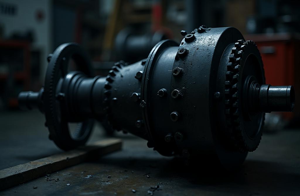 Differential housing with gears visible on workshop bench