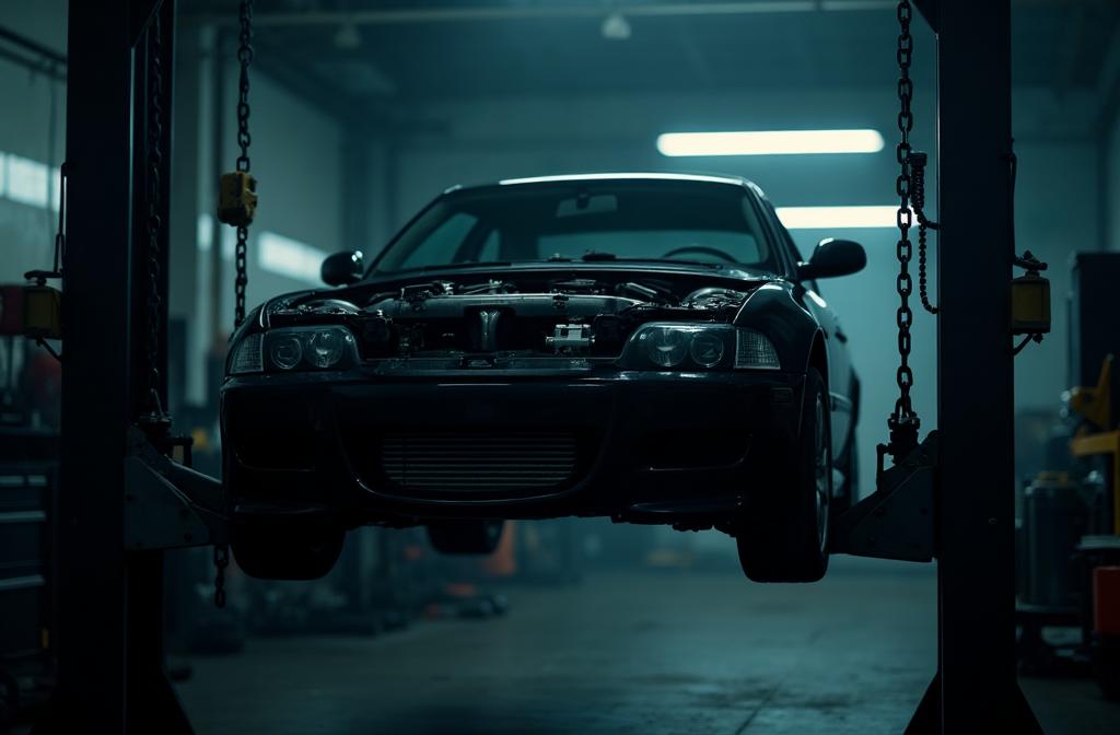 Engine being lifted by hoist in workshop
