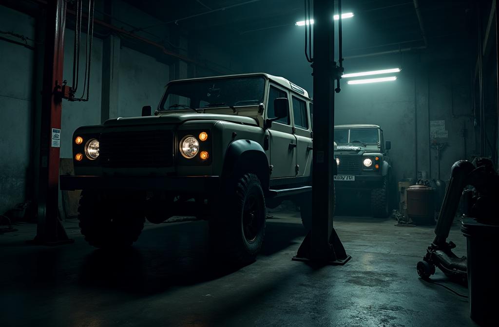 Long-range fuel tank next to a 4x4 on workshop hoist