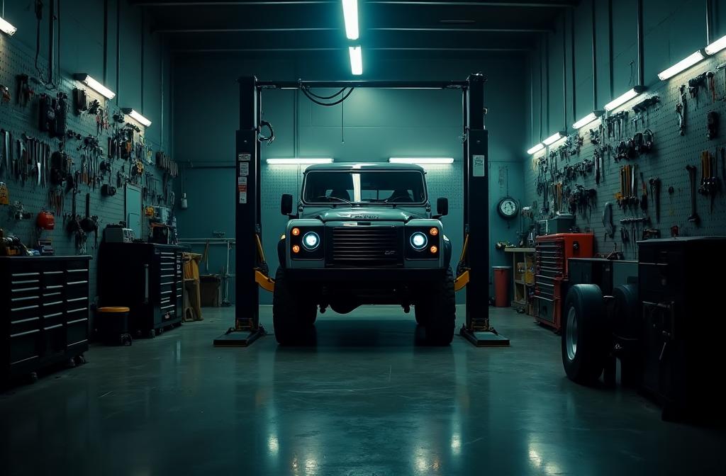 Professional mechanic workshop with tools and vehicle on hoist